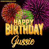 A golden 'Happy Birthday Gussie' message with vibrant fireworks in the background, creating a festive and celebratory vibe in this animated name GIF.