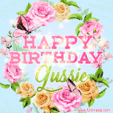 A charming animated GIF featuring 'Happy Birthday Gussie' in pink and green text, surrounded by delicate roses, leaves, and fluttering butterflies on a soft light blue pastel background.