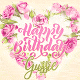 A stunning heart made of pink roses surrounds the elegant script text 'Happy Birthday Gussie' on a soft beige background. Animated sparkles add a magical and festive feel.