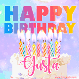 A vibrant animated name GIF with the words 'Happy Birthday Gusta' with colorful candles on a creamy cake. The background sparkles with pastel shades, adding a festive touch.