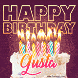 A colorful birthday cake topped with lit candles, with the words 'Happy Birthday Gusta' in bold glowing letters on a burgundy background. Animated flames add a festive touch.