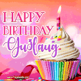 A vibrant birthday GIF featuring a rainbow-colored cupcake topped with white frosting, sprinkles, and a lit candle. The text reads 'Happy Birthday Guðlaug' in bold pink and violet letters with white outline.