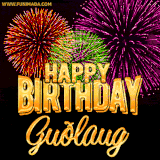 A golden 'Happy Birthday Guðlaug' message with vibrant fireworks in the background, creating a festive and celebratory vibe in this animated name GIF.