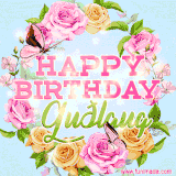 A charming animated GIF featuring 'Happy Birthday Guðlaug' in pink and green text, surrounded by delicate roses, leaves, and fluttering butterflies on a soft light blue pastel background.