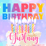 A vibrant animated name GIF with the words 'Happy Birthday Guðlaug' with colorful candles on a creamy cake. The background sparkles with pastel shades, adding a festive touch.