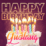 A colorful birthday cake topped with lit candles, with the words 'Happy Birthday Guðlaug' in bold glowing letters on a burgundy background. Animated flames add a festive touch.