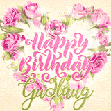 A stunning heart made of pink roses surrounds the elegant script text 'Happy Birthday Guðlaug' on a soft beige background. Animated sparkles add a magical and festive feel.