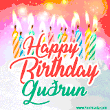 Bright birthday candles with rainbow flames on a cake, alongside the text 'Happy Birthday Guðrun' in vibrant script in this celebratory animated GIF.