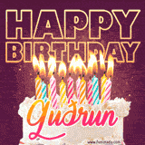 A colorful birthday cake topped with lit candles, with the words 'Happy Birthday Guðrun' in bold glowing letters on a burgundy background. Animated flames add a festive touch.