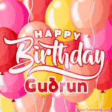 A vibrant name GIF featuring colorful balloons in shades of pink, orange, and yellow with the bold text 'Happy Birthday Guðrun' in festive fonts, creating a lively birthday vibe.