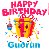 A vibrant and funny gift box character with a happy face dancing with a cupcake and the text 'Happy Birthday Guðrun,' surrounded by animated confetti and party vibes.