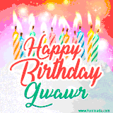 Bright birthday candles with rainbow flames on a cake, alongside the text 'Happy Birthday Gwawr' in vibrant script in this celebratory animated GIF.