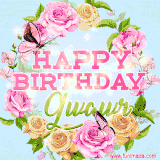 A charming animated GIF featuring 'Happy Birthday Gwawr' in pink and green text, surrounded by delicate roses, leaves, and fluttering butterflies on a soft light blue pastel background.