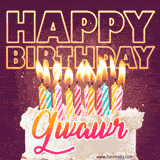 A colorful birthday cake topped with lit candles, with the words 'Happy Birthday Gwawr' in bold glowing letters on a burgundy background. Animated flames add a festive touch.