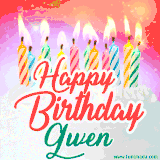 Bright birthday candles with rainbow flames on a cake, alongside the text 'Happy Birthday Gwen' in vibrant script in this celebratory animated GIF.
