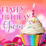A vibrant birthday GIF featuring a rainbow-colored cupcake topped with white frosting, sprinkles, and a lit candle. The text reads 'Happy Birthday Gwen' in bold pink and violet letters with white outline.