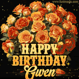 Animated bouquet of orange roses with moving butterfles and golden 'Happy Birthday Gwen' text, surrounded by sparkling accents and a dark backdrop for a luxurious feel.