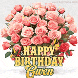 Golden 'Happy Birthday Gwen' text beneath a vibrant bouquet of orange roses, complete with glittering butterflies and sparkling details.