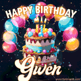 Bright birthday animation for Gwen with a chocolate cake, candles, balloons, and glowing celebratory lights.