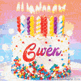 Personalized for Gwen elegant birthday cake adorned with rainbow sprinkles, colorful candles and glitter