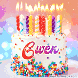A cheerful white birthday cake with multicolor sprinkles, lit candles, and 'Gwen' written in vibrant letters, in an animated GIF.