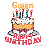 Cartoon birthday cake with a red bow, glowing candles, and 'Gwen Happy Birthday' text in bold animated style.