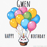 An adorable and cute cupcake with a smiley face and moving colorful balloons create a joyful birthday greeting for Gwen in this cheerful animated greeting E-card.