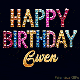 Vibrant luxury birthday greeting card for Gwen, showing glittering gemstone letters and golden calligraphy on a dark background with twinkling shine effects.