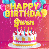 Pink-themed animated greeting with balloons, confetti, and a frosted cake under the message 'Happy Birthday Gwen' in bold rounded yellow font.