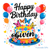 An animated birthday card for Gwen. It features a festive cake with her name, 'Gwen', and colorful butterflies. Floating balloons and hearts complete the joyful scene.