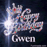 Custom birthday GIF for Gwen showing glittering crystals, a majestic tiara, and stellar space light beams.