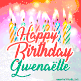 Bright birthday candles with rainbow flames on a cake, alongside the text 'Happy Birthday Gwenaëlle' in vibrant script in this celebratory animated GIF.
