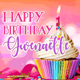 A vibrant birthday GIF featuring a rainbow-colored cupcake topped with white frosting, sprinkles, and a lit candle. The text reads 'Happy Birthday Gwenaëlle' in bold pink and violet letters with white outline.