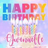 A vibrant animated name GIF with the words 'Happy Birthday Gwenaëlle' with colorful candles on a creamy cake. The background sparkles with pastel shades, adding a festive touch.