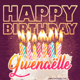 A colorful birthday cake topped with lit candles, with the words 'Happy Birthday Gwenaëlle' in bold glowing letters on a burgundy background. Animated flames add a festive touch.