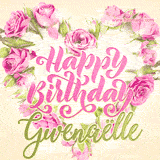 A stunning heart made of pink roses surrounds the elegant script text 'Happy Birthday Gwenaëlle' on a soft beige background. Animated sparkles add a magical and festive feel.