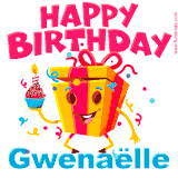 A vibrant and funny gift box character with a happy face dancing with a cupcake and the text 'Happy Birthday Gwenaëlle,' surrounded by animated confetti and party vibes.