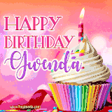 A vibrant birthday GIF featuring a rainbow-colored cupcake topped with white frosting, sprinkles, and a lit candle. The text reads 'Happy Birthday Gwenda' in bold pink and violet letters with white outline.