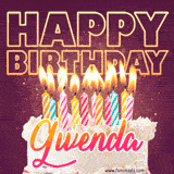 A colorful birthday cake topped with lit candles, with the words 'Happy Birthday Gwenda' in bold glowing letters on a burgundy background. Animated flames add a festive touch.