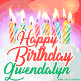 Bright birthday candles with rainbow flames on a cake, alongside the text 'Happy Birthday Gwendalyn' in vibrant script in this celebratory animated GIF.