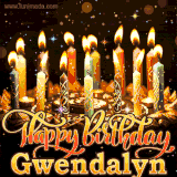 A glowing personalized birthday GIF with name Gwendalyn featuring lit candles with intricate designs, warm lighting, and the text 'Happy Birthday' in an elegant font.