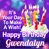 A colorful birthday GIF for Gwendalyn featuring a cupcake with vibrant lit candles and the text 'It's Your Day to Make a Wish! Happy Birthday Gwendalyn' in bold letters on a festive purple background.