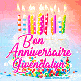 A white birthday cake covered in colorful sprinkles, topped with bright candles, and French text 'Bon Anniversaire Gwendalyn' on a pastel gradient background in an animated GIF.