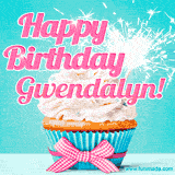 A festive cupcake with pink icing, a gingham bow, and a lit animated sparkler, paired with 'Happy Birthday Gwendalyn!' in bright pink text.