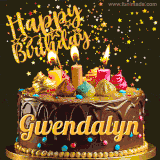 A delightful chocolate birthday cake with bright candles and 'Happy Birthday Gwendalyn' written in gold amidst a shower of animated stars.