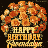 Animated bouquet of orange roses with moving butterfles and golden 'Happy Birthday Gwendalyn' text, surrounded by sparkling accents and a dark backdrop for a luxurious feel.
