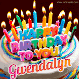 A colorful birthday cake topped with lit candles, with the words 'Happy Birthday Gwendalyn' in bold glowing letters on a burgundy background. Animated flames add a festive touch.