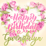A stunning heart made of pink roses surrounds the elegant script text 'Happy Birthday Gwendalyn' on a soft beige background. Animated sparkles add a magical and festive feel.