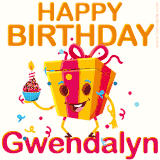 A vibrant and funny gift box character with a happy face dancing with a cupcake and the text 'Happy Birthday Gwendalyn,' surrounded by animated confetti and party vibes.