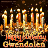A glowing personalized birthday GIF with name Gwendolen featuring lit candles with intricate designs, warm lighting, and the text 'Happy Birthday' in an elegant font.